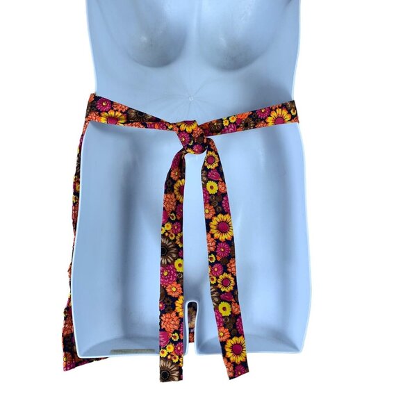 Handmade Apron Tie Waist Half Length Orange Floral Print Pockets Up To 68" Waist - Picture 2 of 2